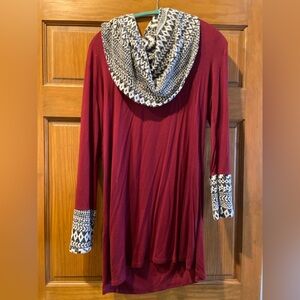 Bellamie Red Long Sleeve Tunic or dress with Patterned Cowl Neck